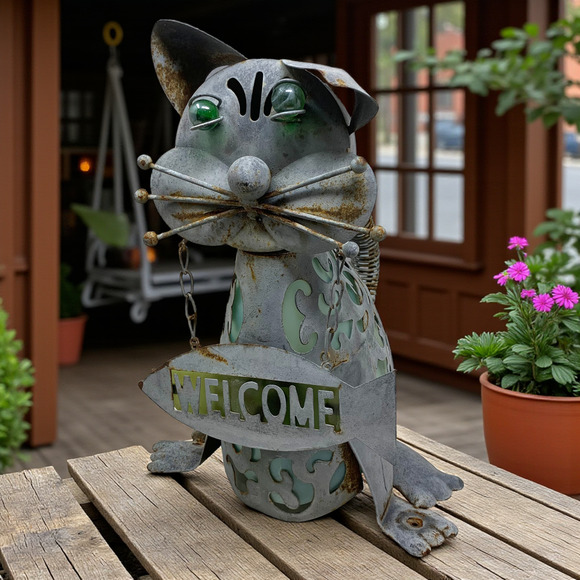Rustic Metal Cat Sculpture Welcome Folk Art Yard Home Decor Whimsical READ - Picture 1 of 11